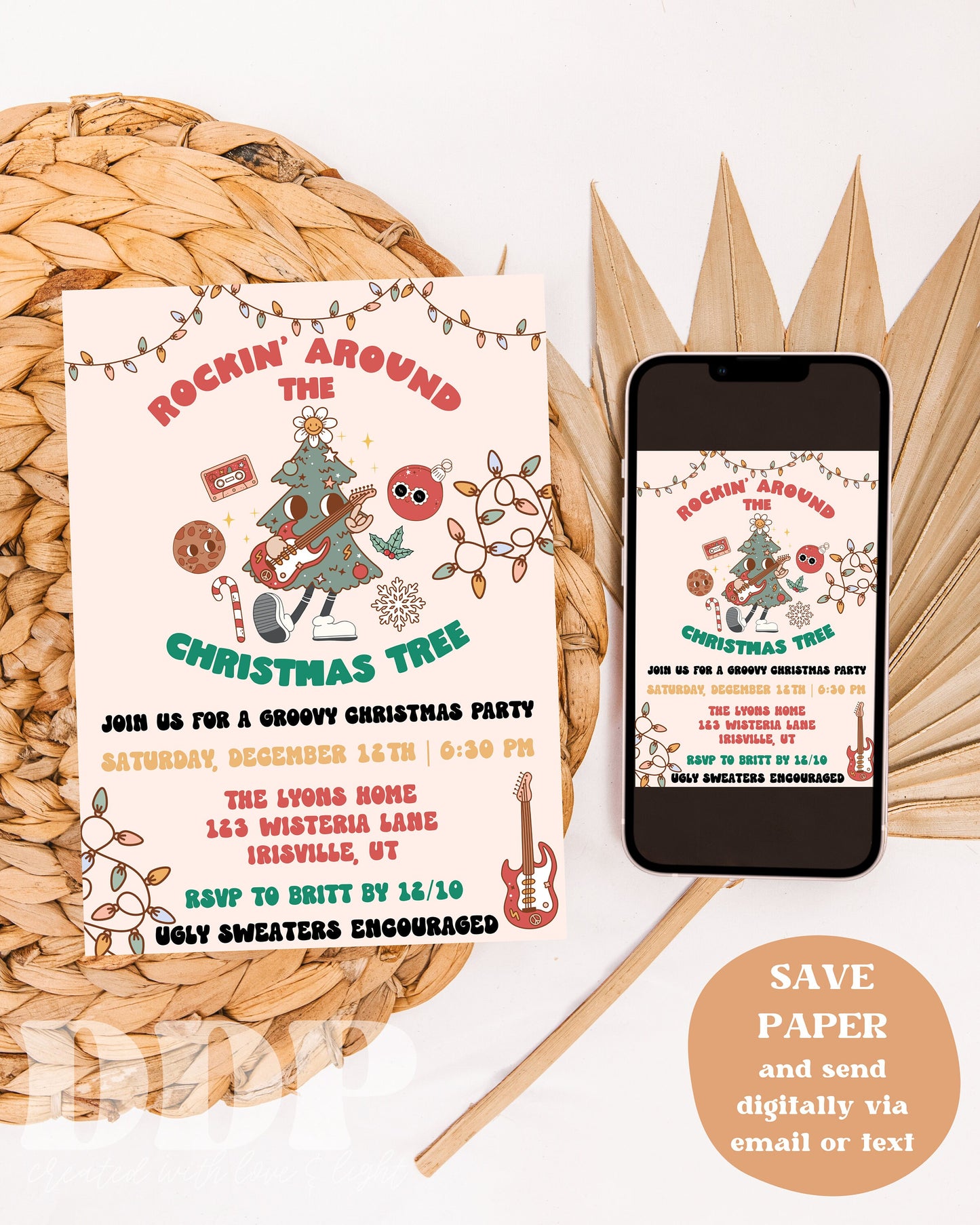 Retro Rockin' Around the Christmas Tree Invite | Groovy Christmas Party Invitation Template | Editable Holiday Party Invitation