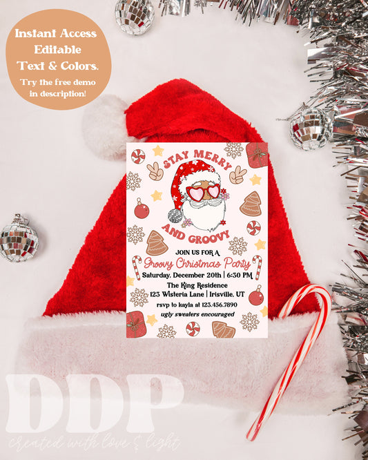 Retro Stay Merry & Groovy Christmas Party Invite | Groovy Christmas Party Invitation Template | Editable Holiday Party Invitation