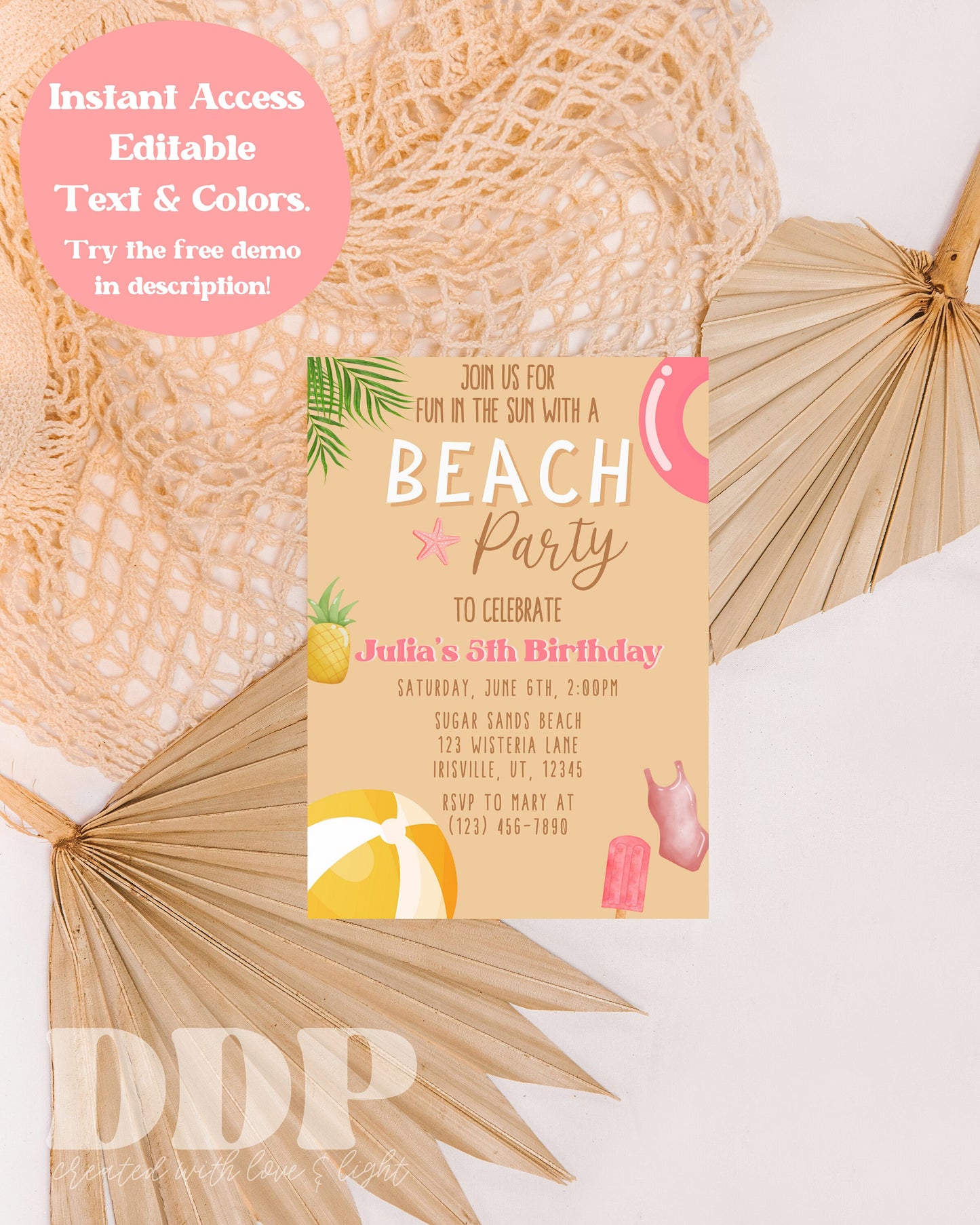 ANY AGE Girl Beach Birthday Invite | Beach Birthday Invite | Kids Summer Birthday Party Invite | Editable Template | Instant Download