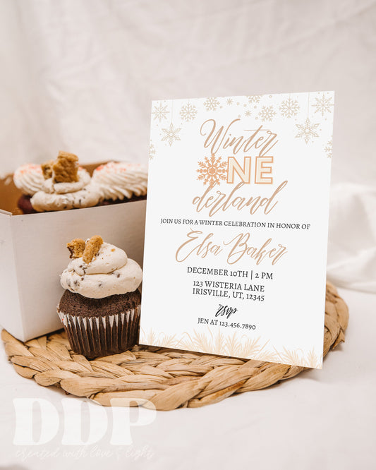 Beige Winter ONEderland Birthday Invite | Neutral Snowflake Winter Wonderland Invitation | Christmas December Birthday Invite