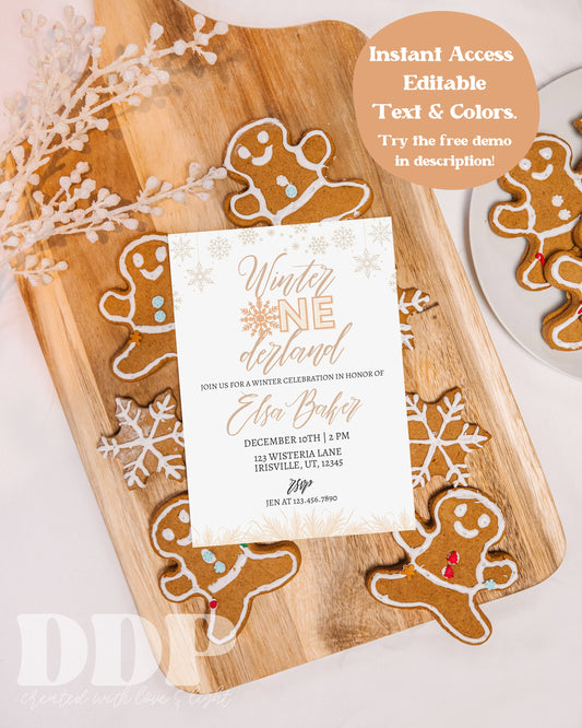 Beige Winter ONEderland Birthday Invite | Neutral Snowflake Winter Wonderland Invitation | Christmas December Birthday Invite