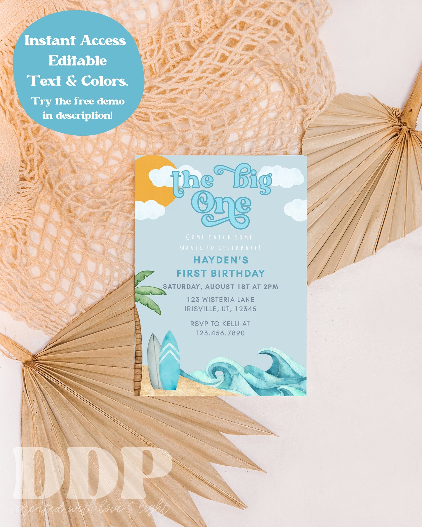 The Big ONE Surf Birthday Invite | First Birthday Surfing Party Invite | Beach Surf Birthday Invite | Editable Template | Instant Download