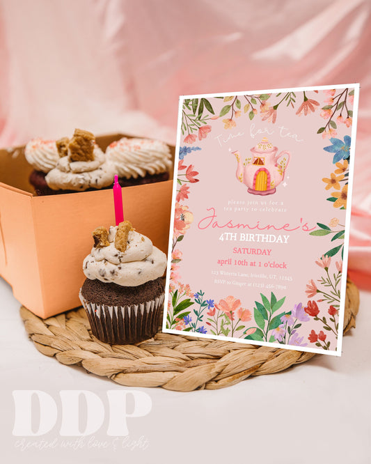 ANY AGE Tea Party Birthday Invitation | Editable Floral Par-Tea Invite | Vintage High Tea Floral | Floral Tea Pot Birthday Invite Printable