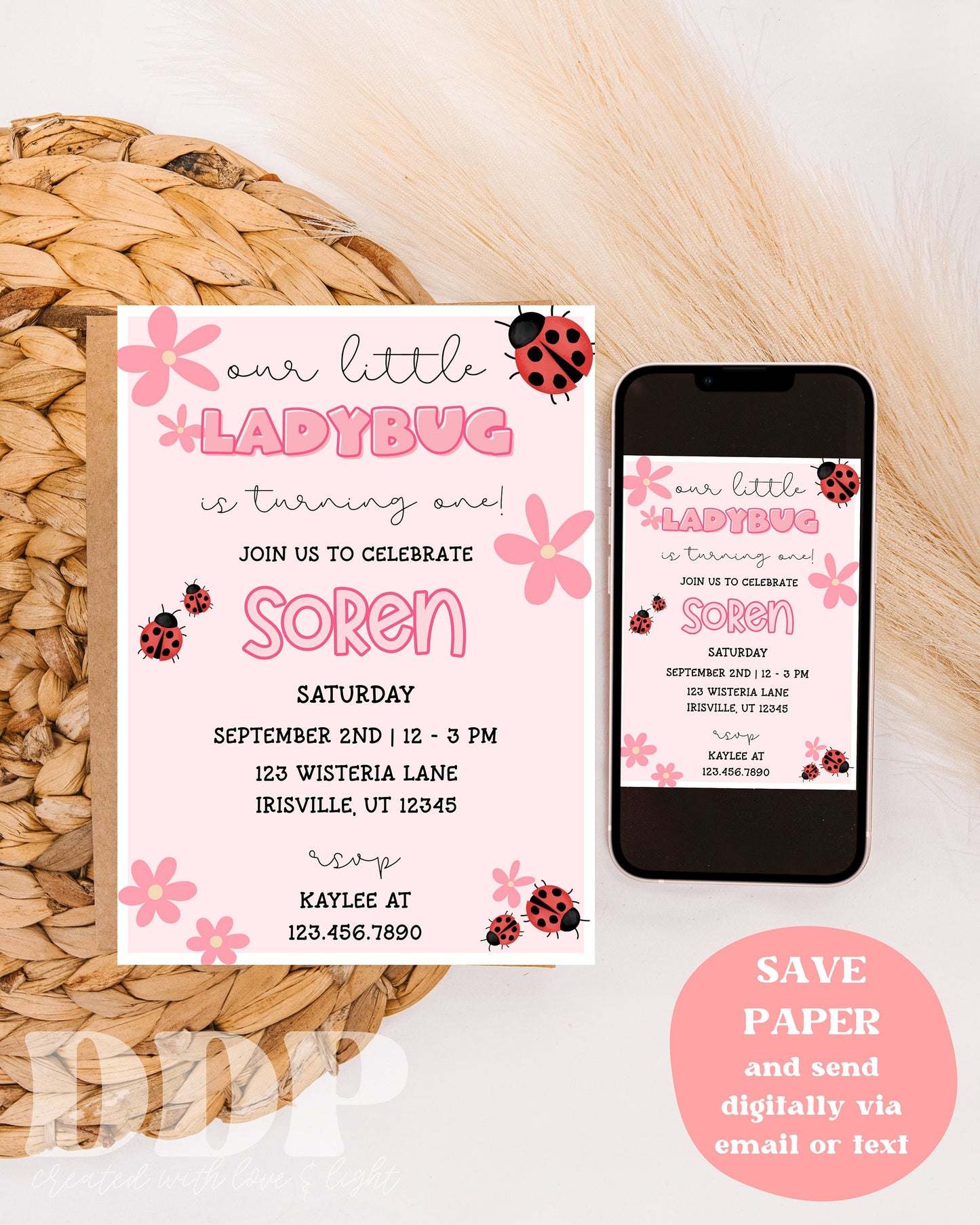 ANY AGE Modern Ladybug Birthday Party Invitation | Little Lady Birthday Invite | Spring Summer Birthday | Ladybug Birthday Invite