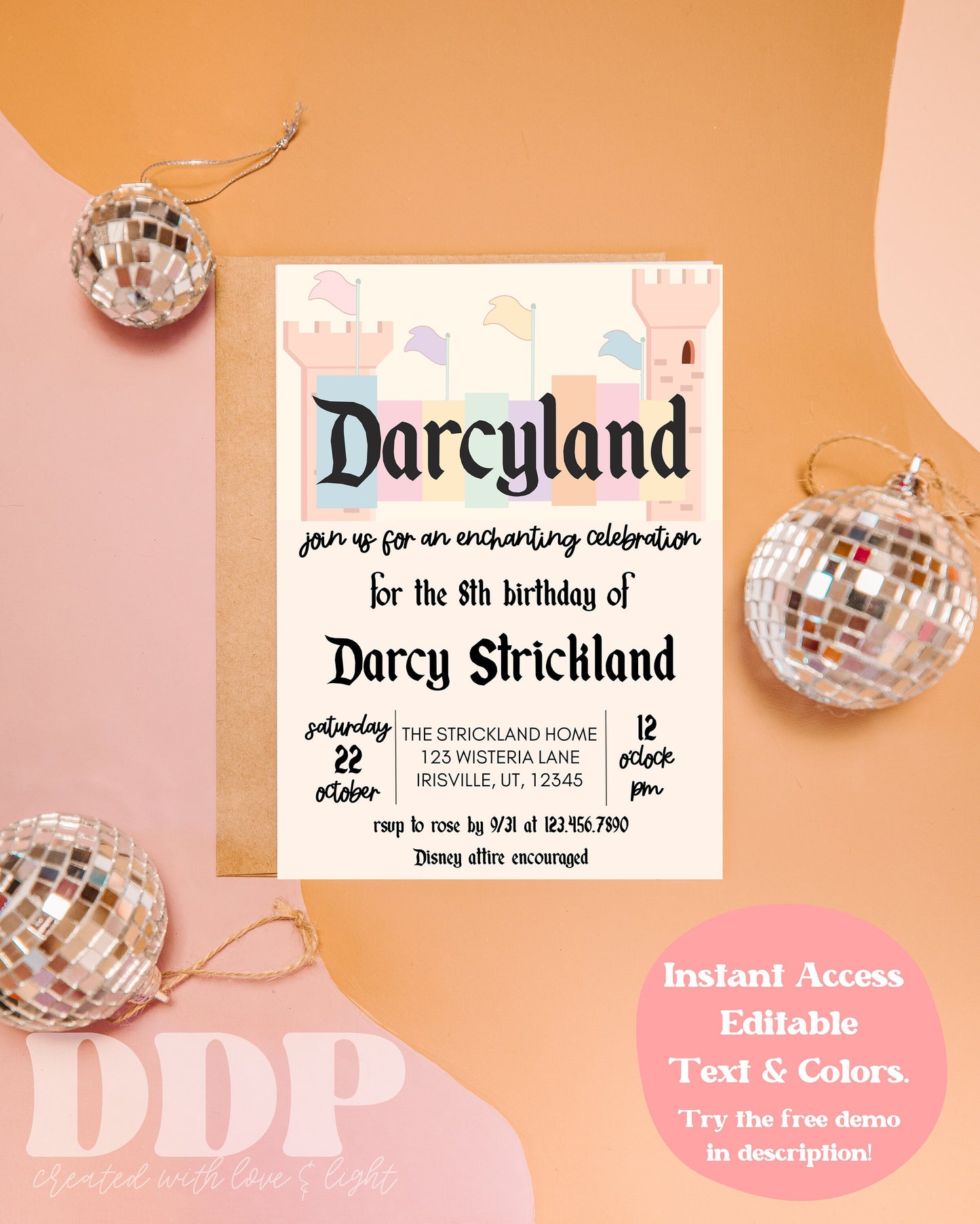 ANY AGE YOUland Vintage Theme Park Birthday Invitation | Retro Theme Park Birthday Invite | Retro Pink Castle Birthday Invitation | A05