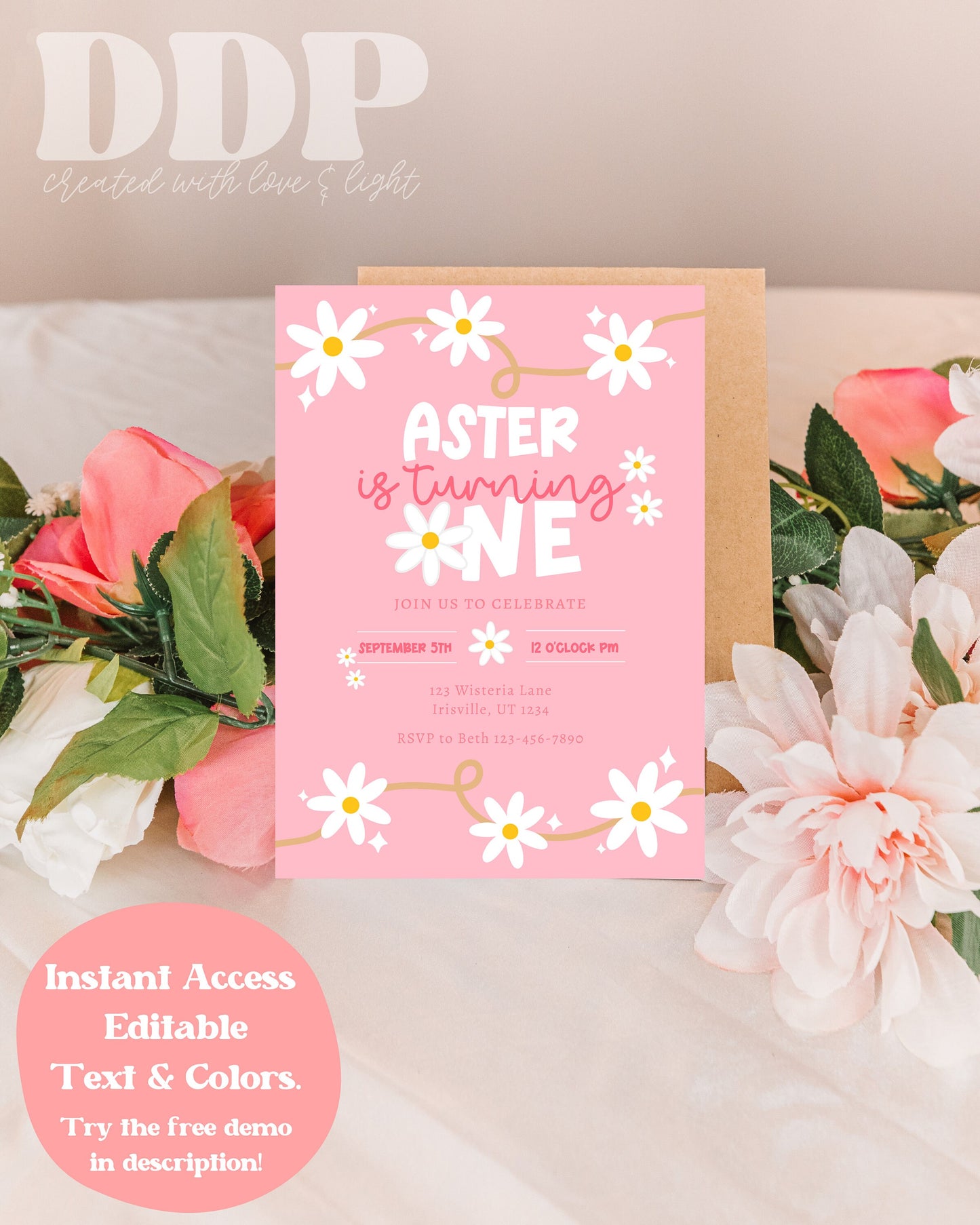 Daisy Birthday Party Invitation | Daisy 1st Birthday Invitation | Boho Daisy First Birthday Invite | Pink Floral Digital Evite