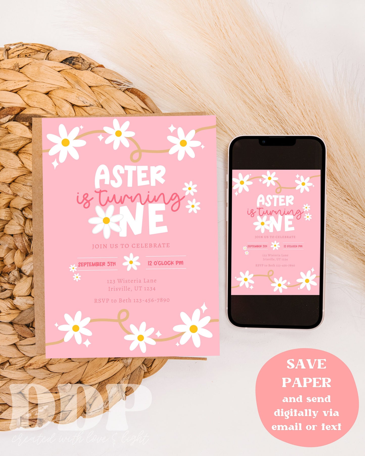 Daisy Birthday Party Invitation | Daisy 1st Birthday Invitation | Boho Daisy First Birthday Invite | Pink Floral Digital Evite