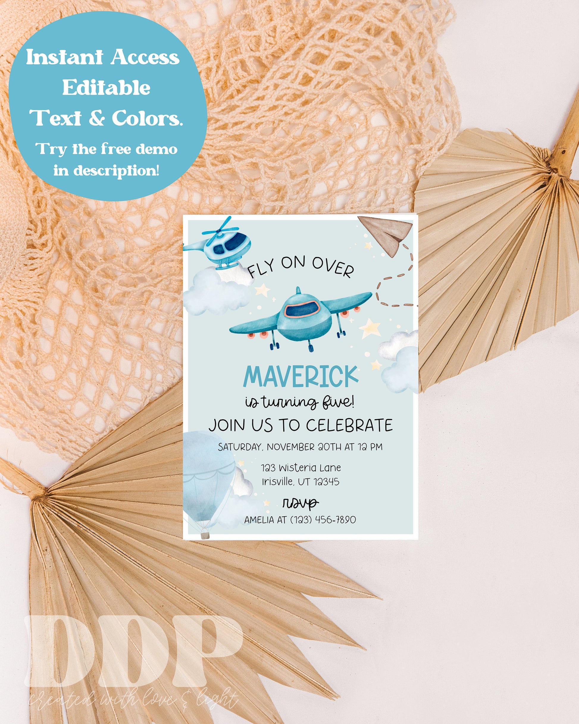 Airplane Birthday Party Invitation | Modern Plane Invitation | Aviation Time Flies Birthday Invite | Fly On Over Birthday Printable Invite