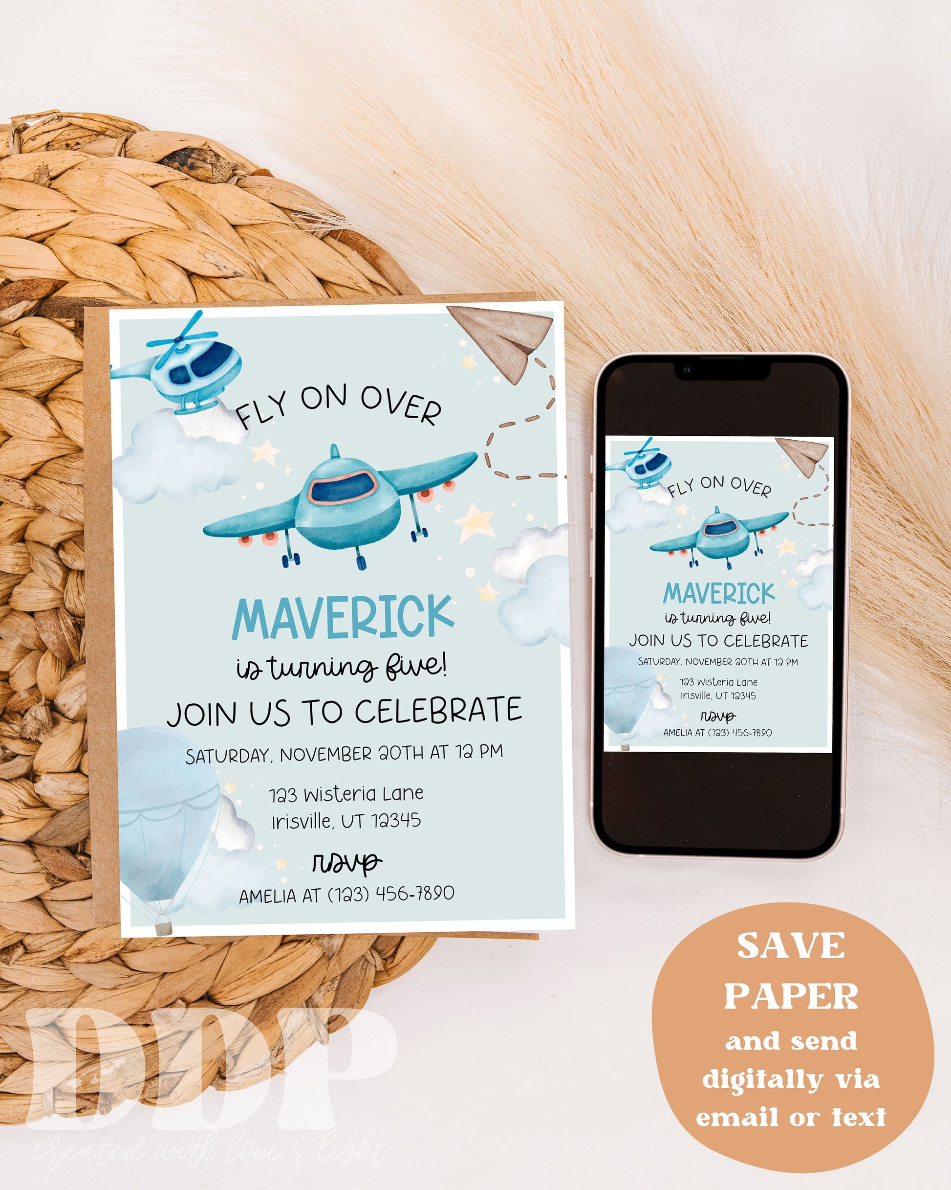 Airplane Birthday Party Invitation | Modern Plane Invitation | Aviation Time Flies Birthday Invite | Fly On Over Birthday Printable Invite