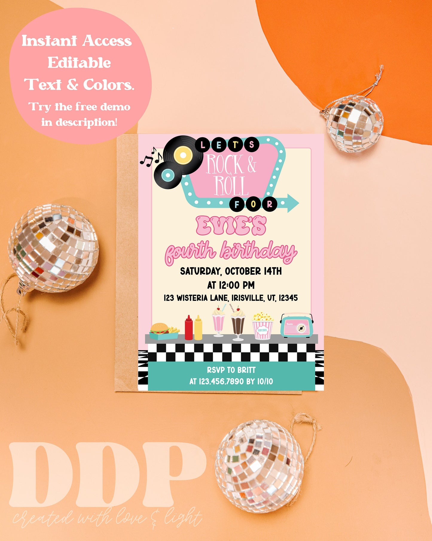 ANY AGE Let's Rock and Roll Invite | 50s Theme Birthday Invite | 50's Retro Diner Theme Birthday Invite | Editable Fifties Sock Hop Invite