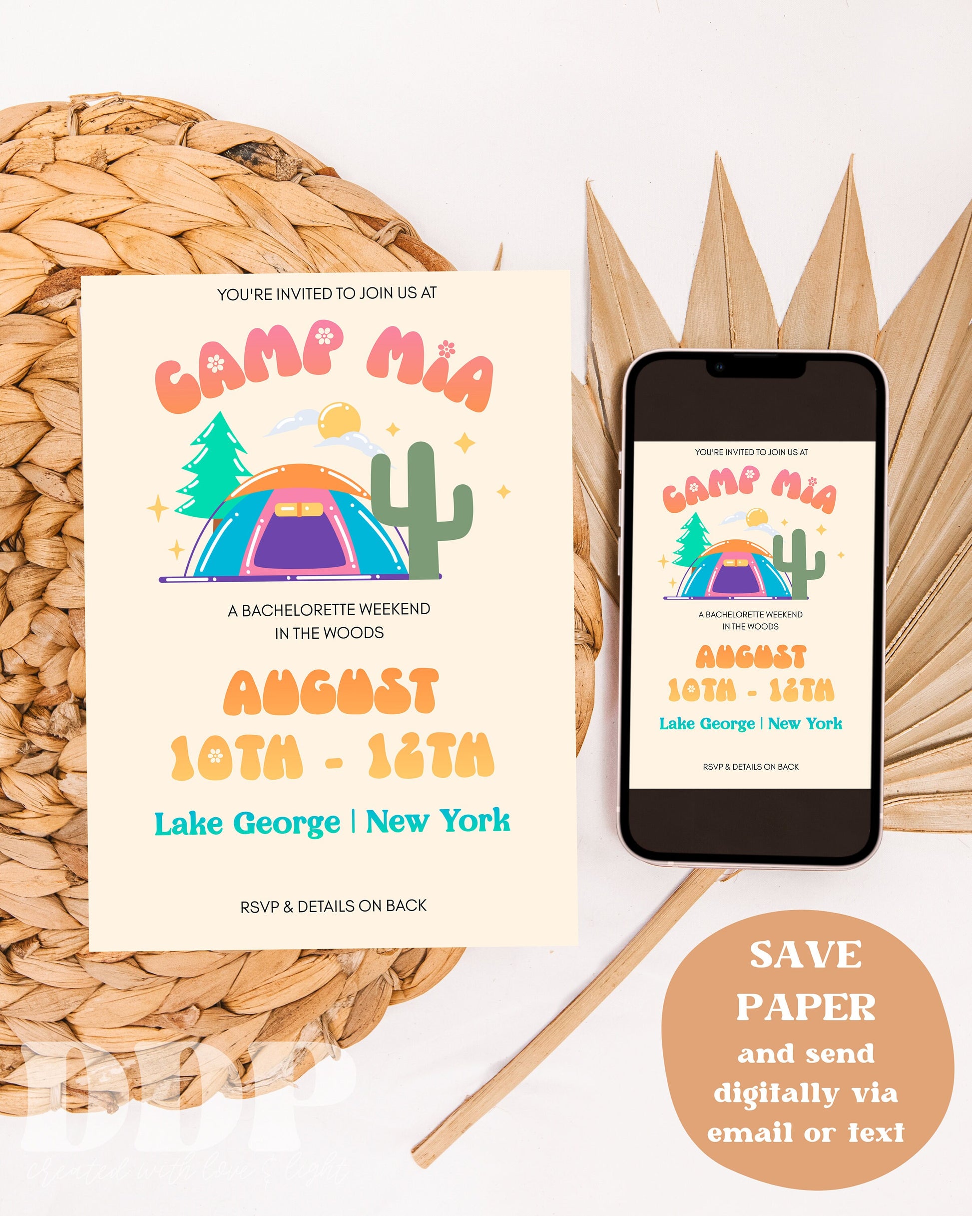 Retro Camp Bachelorette Party Weekend Invitation & Itinerary | Editable Bachelorette Girls Camping Trip Invite | Outdoor Bachelorette Party