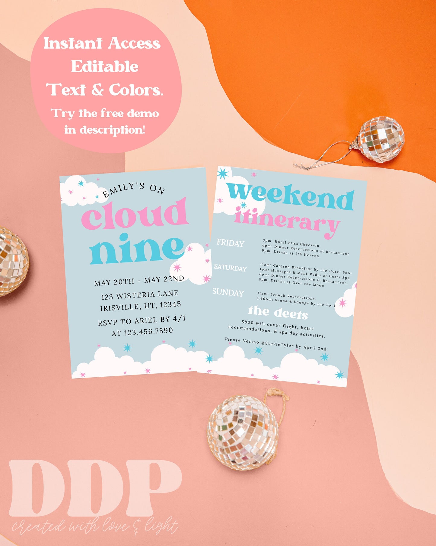 Cloud 9 Retro Bachelorette Weekend Invitation | Cloud Nine Bachelorette Party Invite | Bachelorette Girls Trip Printable Itinerary