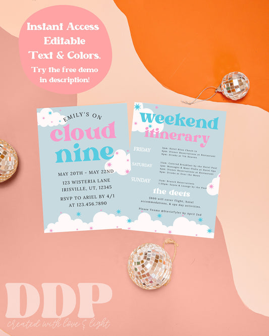 Cloud 9 Retro Bachelorette Weekend Invitation | Cloud Nine Bachelorette Party Invite | Bachelorette Girls Trip Printable Itinerary