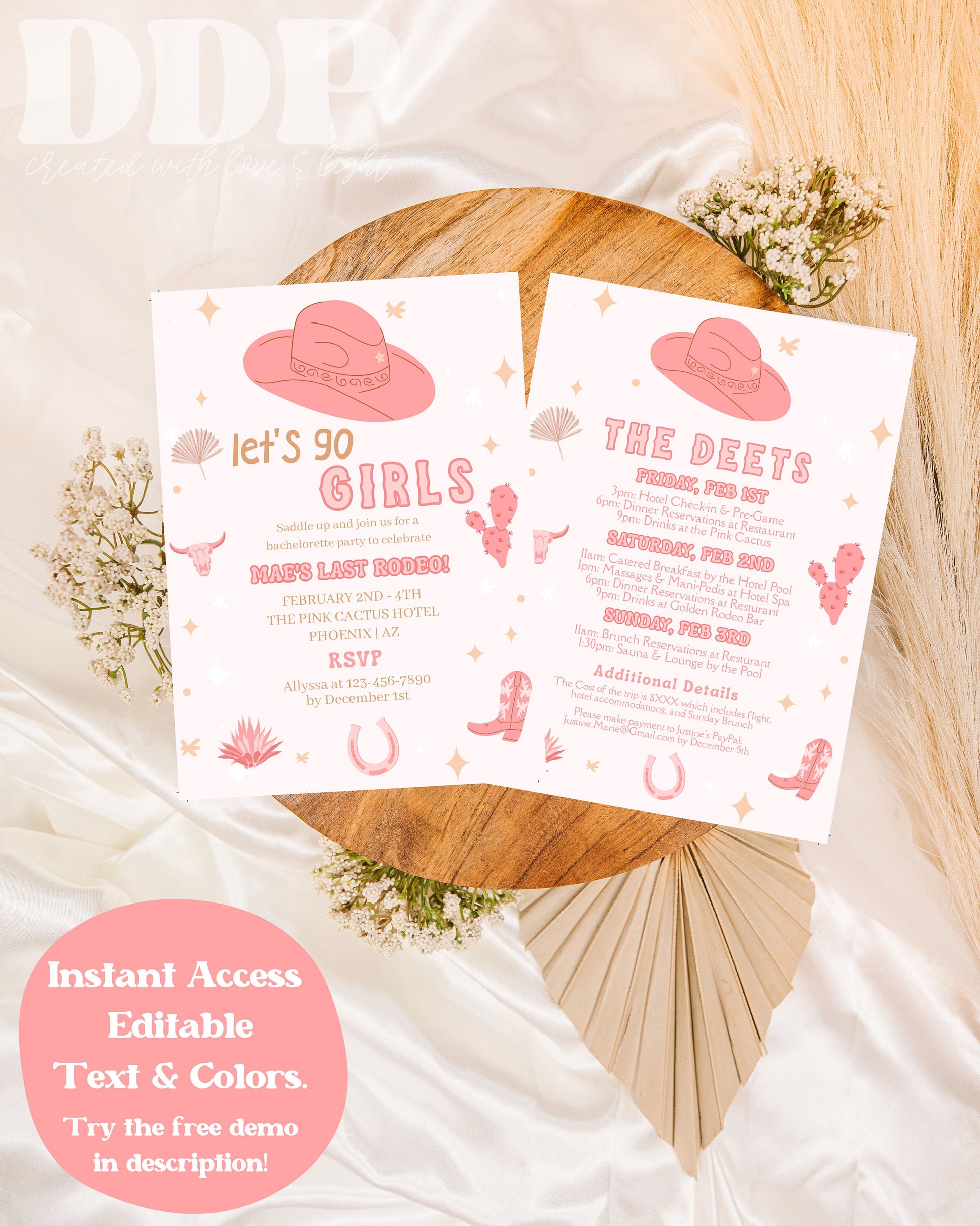 Let's Go Girls Bachelorette Weekend Invitation | Rodeo Desert Bachelorette Party Invite | Bachelorette Girls Trip Printable Itinerary Invite