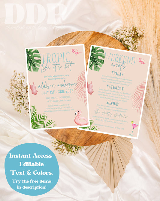 Tropical Bachelorette Weekend Invitation | Beach Trip Bachelorette Party Invite | Bachelorette Girls Trip Printable Itinerary Invite