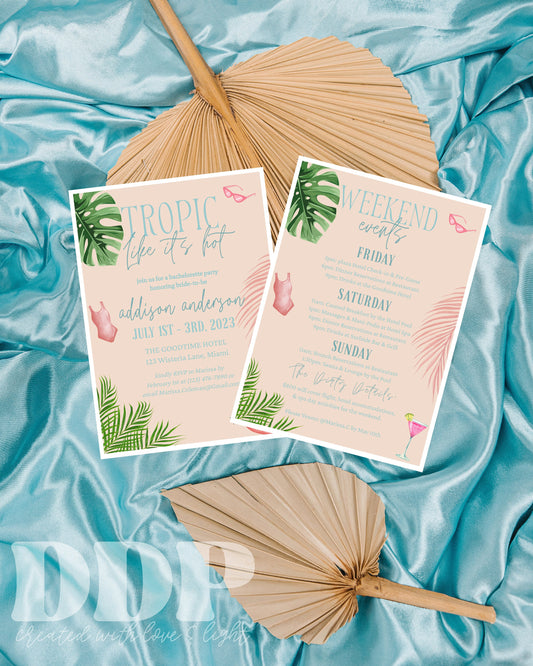 Tropical Bachelorette Weekend Invitation | Beach Trip Bachelorette Party Invite | Bachelorette Girls Trip Printable Itinerary Invite