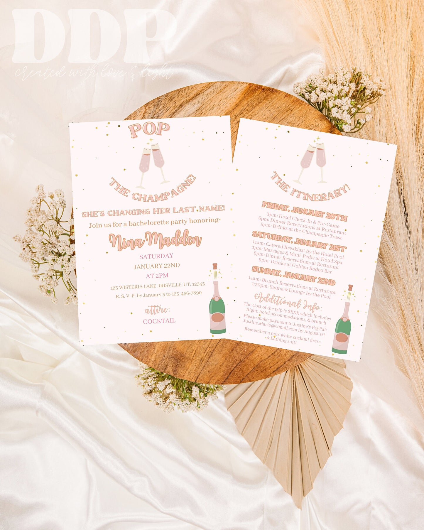 Pop the Champagne Bachelorette Weekend Invitation | Beige Neutral Bachelorette Party Invite | Bachelorette Girls Trip Itinerary Invite