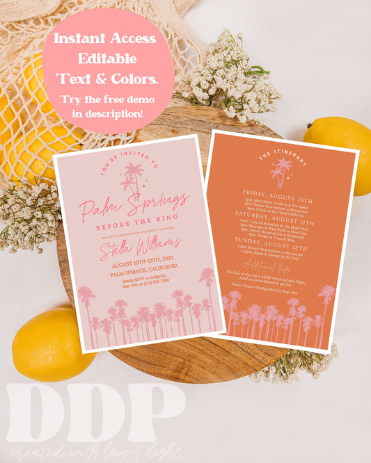 Palm Springs Before the Ring Bachelorette Weekend Invitation | Bachelorette Party Invite | Bachelorette Girls Trip Printable Itinerary | A12