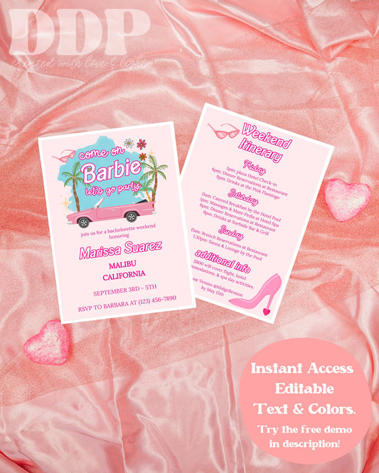 Come on Barb, Let's Go Party Bachelorette Party Invitation | Retro 90s Doll Bach Invite | Hot Pink Doll Bachelorette Invitation Itinerary