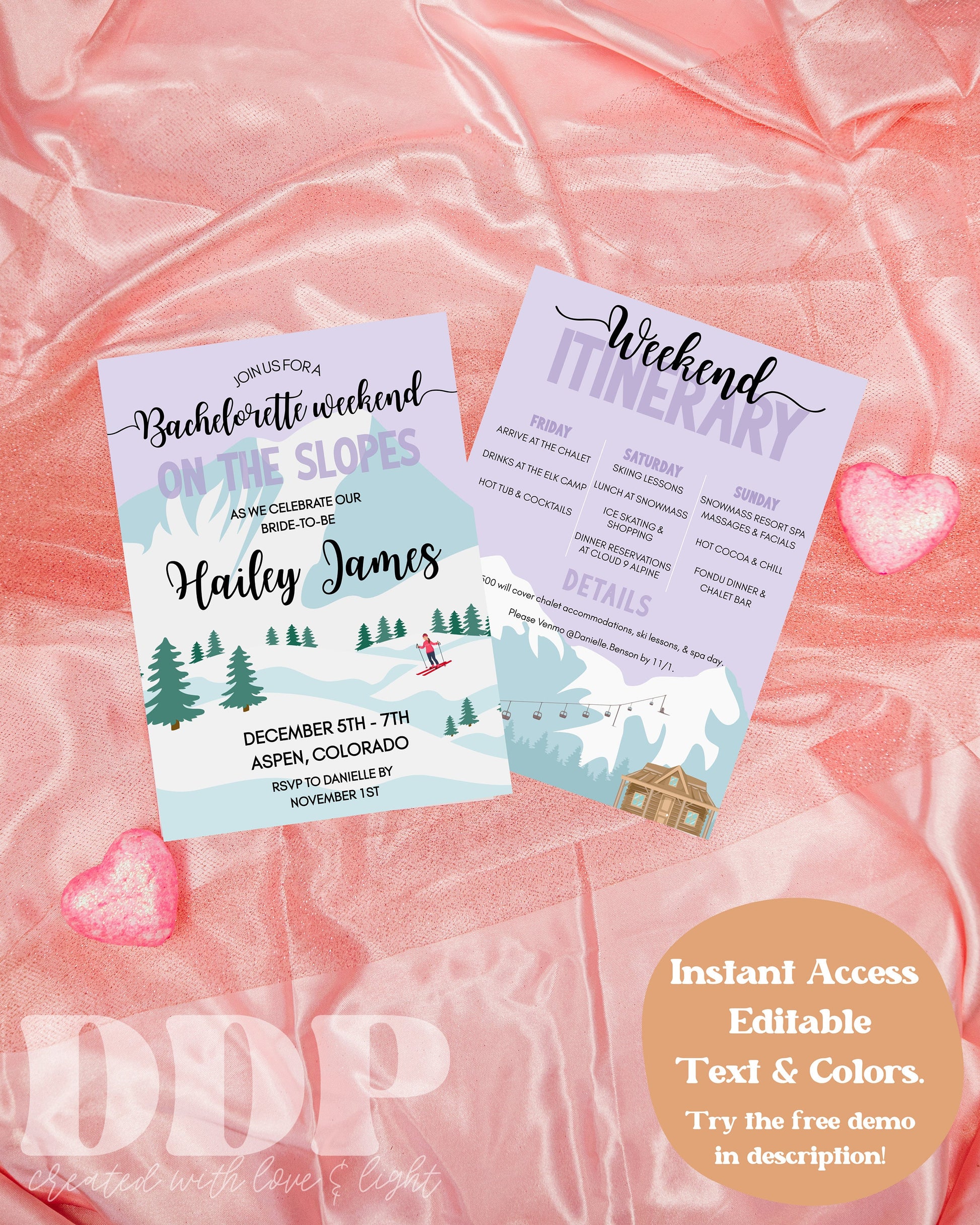 On the Slopes Bachelorette Party Invitation | Editable Winter Ski Bachelorette | Snow Mountain Bach | Ski Girls Trip Printable Itinerary