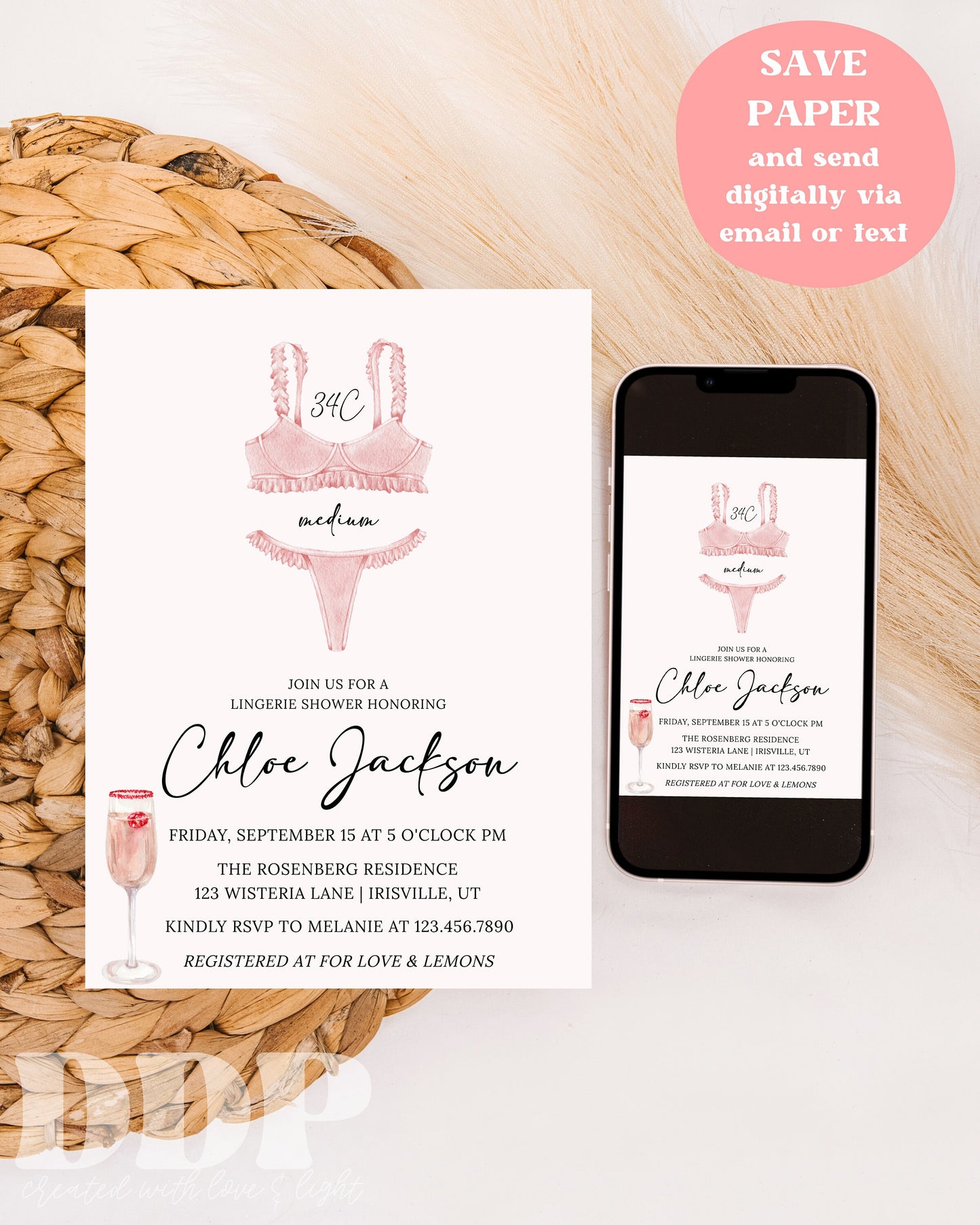 Rose and Lingerie Shower Invite | Modern Lingerie Wedding Shower Invite | Printable Girls Party Lingerie Shower Invitation