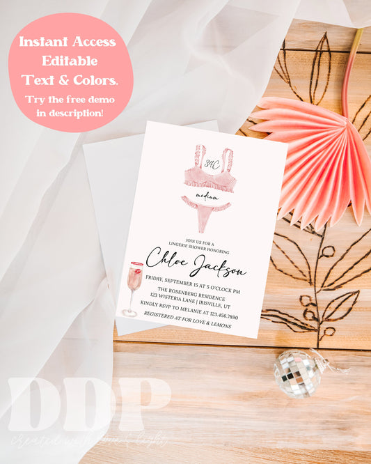 Rose and Lingerie Shower Invite | Modern Lingerie Wedding Shower Invite | Printable Girls Party Lingerie Shower Invitation