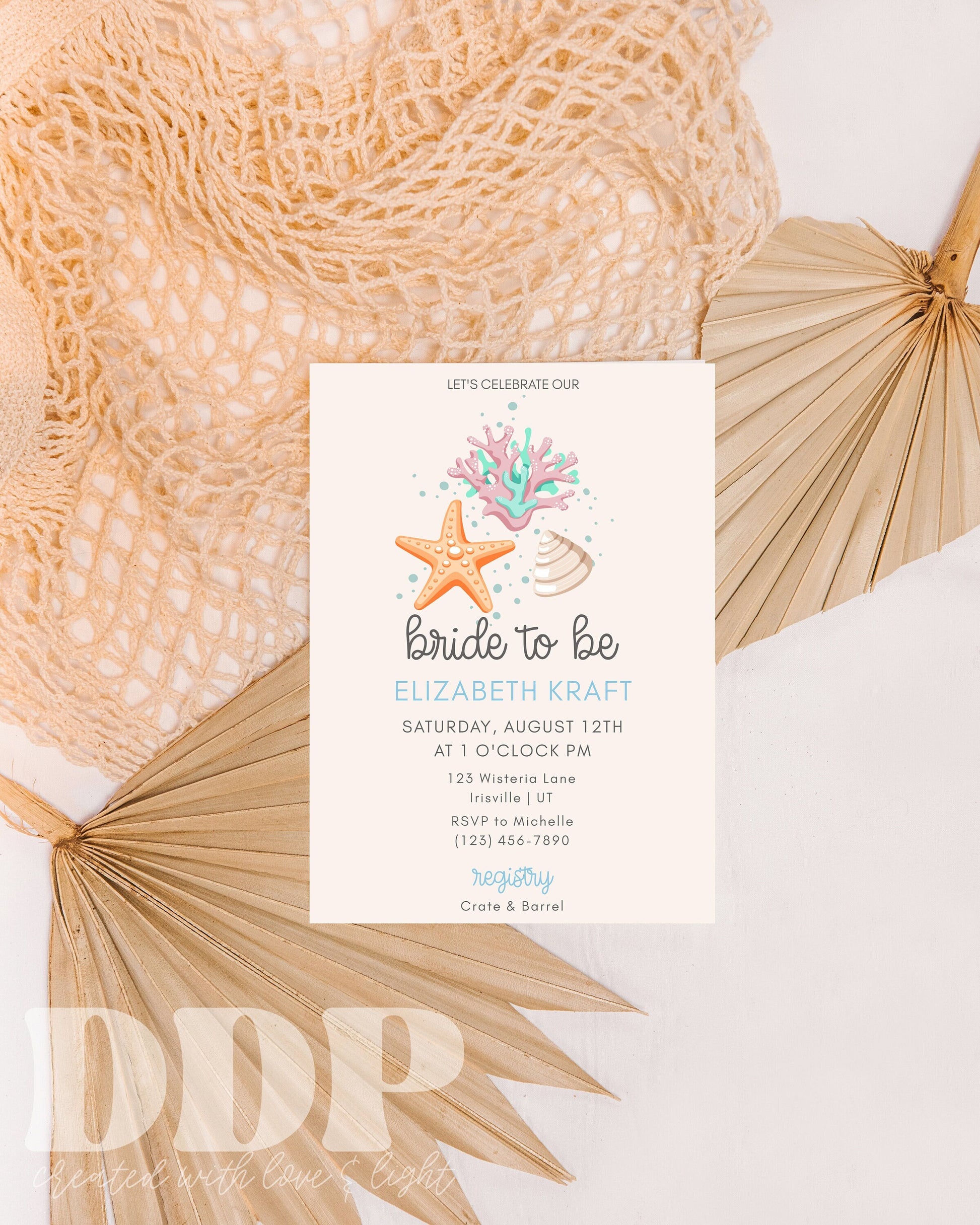 Minimalist Beach Bridal Shower Invite | Summer Bridal Shower Invite | Boho Seashells Wedding Shower Invitation | Self-Editable Invitation