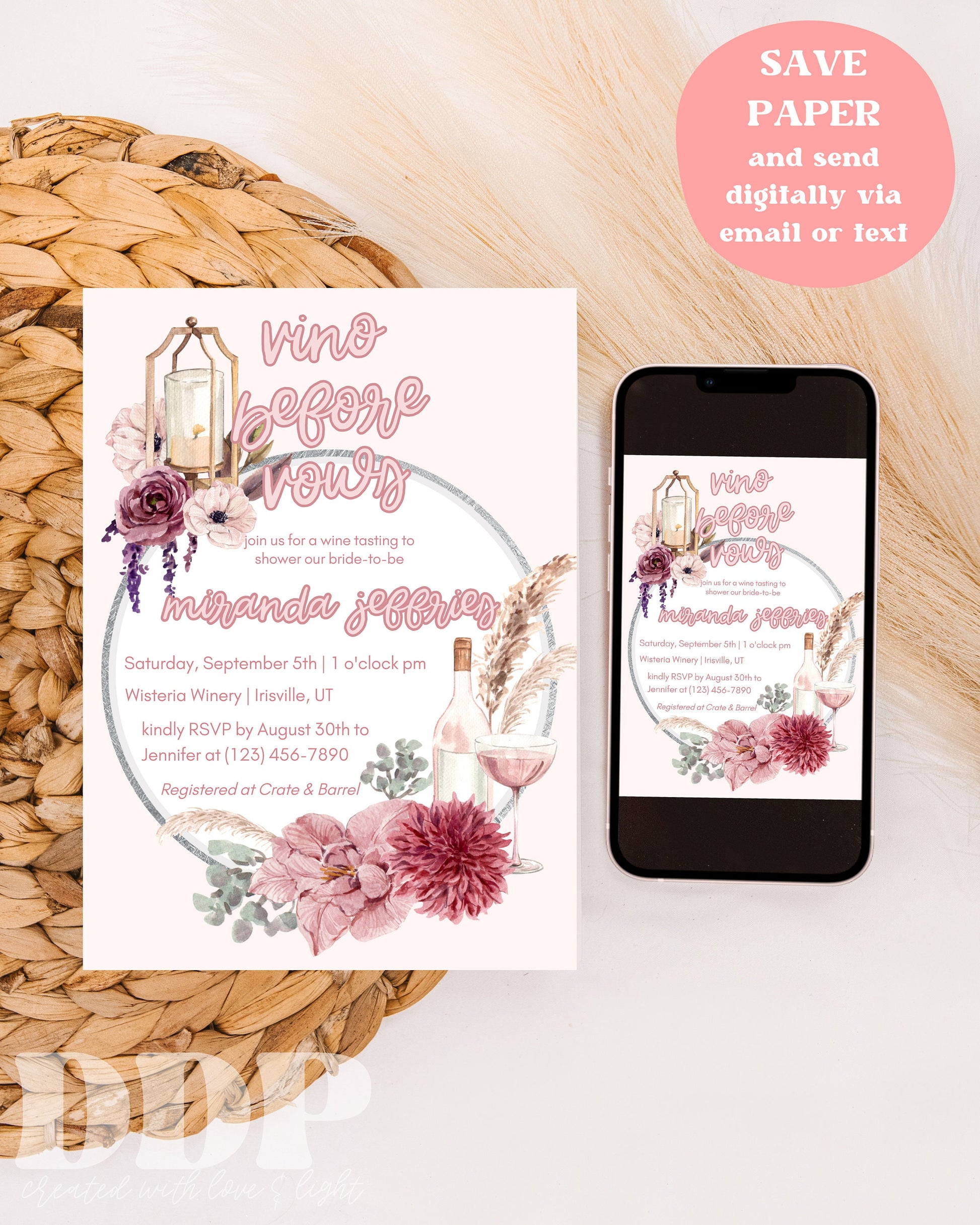 Vino Before Vows Shower Invite | Modern Boho Wine Tasting Wedding Shower Invite | Vino Before Vows | Wine Bridal Shower Invitation Template