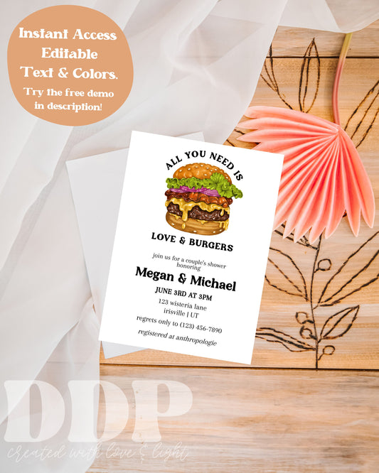 Love & Burgers Bridal Shower Invite | Couple's Shower Invite | BBQ Wedding Shower | BBQ Bridal Shower Invitation