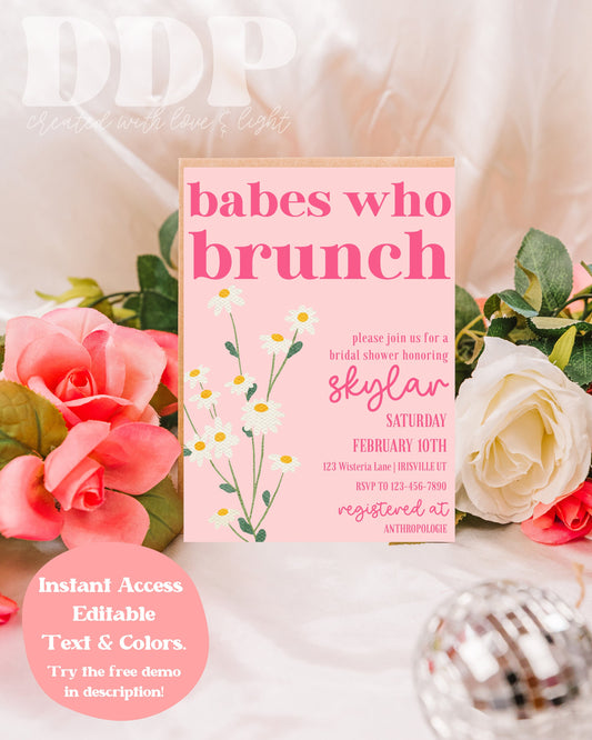 Babes Who Brunch Bridal Shower Invitation | Boho Brunch Bridal Shower Invite | Retro Daisy Brunch Bridal Shower | Editable Invite Template