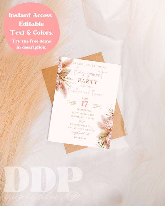 Boho Engagement Party Invitation | Pampas Grass Engagement Party Invite | Minimalist Engagement Announcement | Editable Invite Template