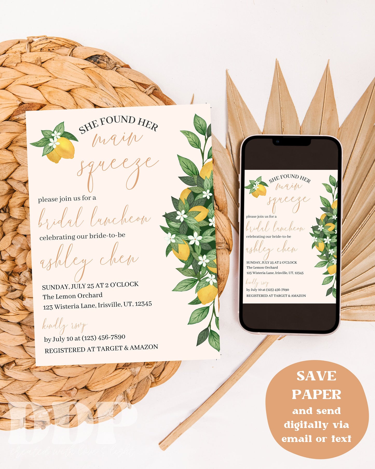 Boho Main Squeeze Bridal Shower Invitation | Boho Lemon Citrus Bridal Shower Invite | Minimalist Bridal Shower | Editable Invite Template