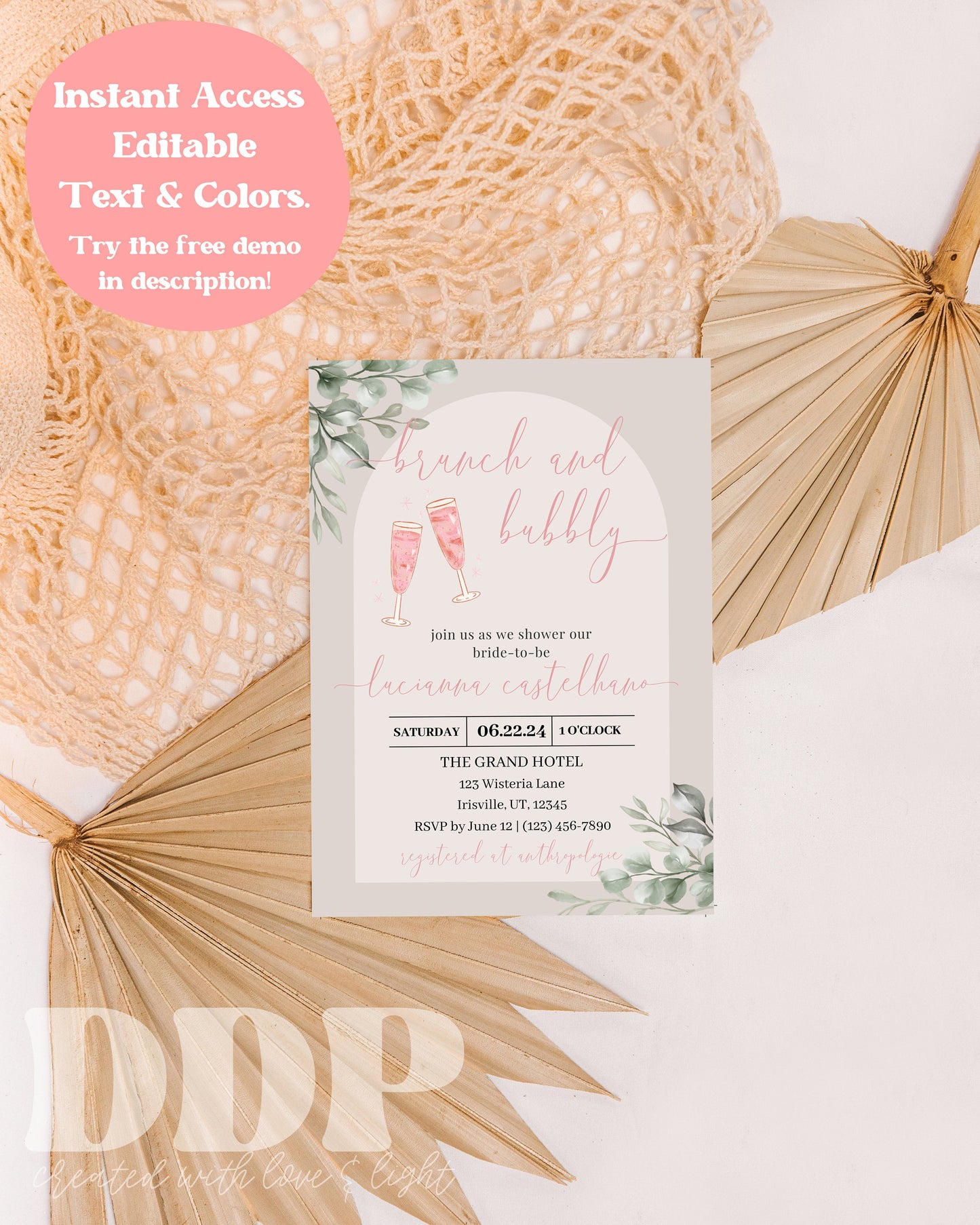 Boho Brunch and Bubbly Bridal Shower Invitation | Boho Eucalyptus Bridal Shower Invite | Minimalist Bridal Shower | Editable Invite Template