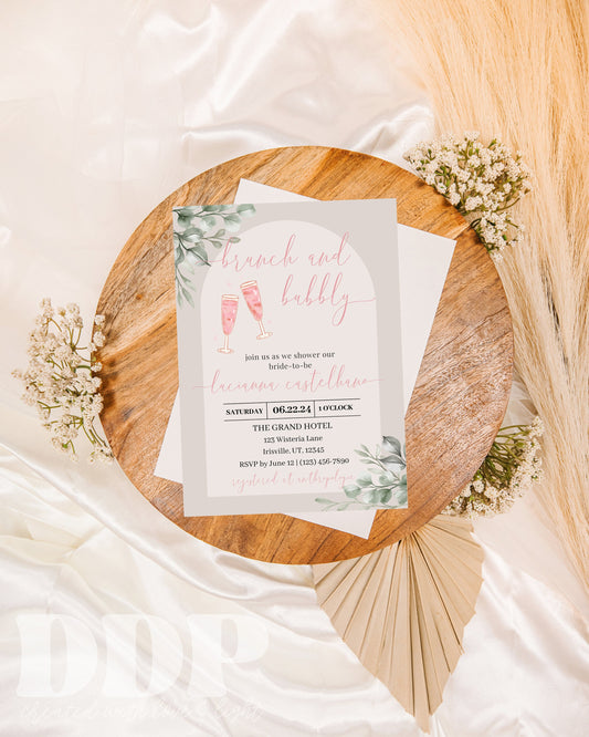 Boho Brunch and Bubbly Bridal Shower Invitation | Boho Eucalyptus Bridal Shower Invite | Minimalist Bridal Shower | Editable Invite Template