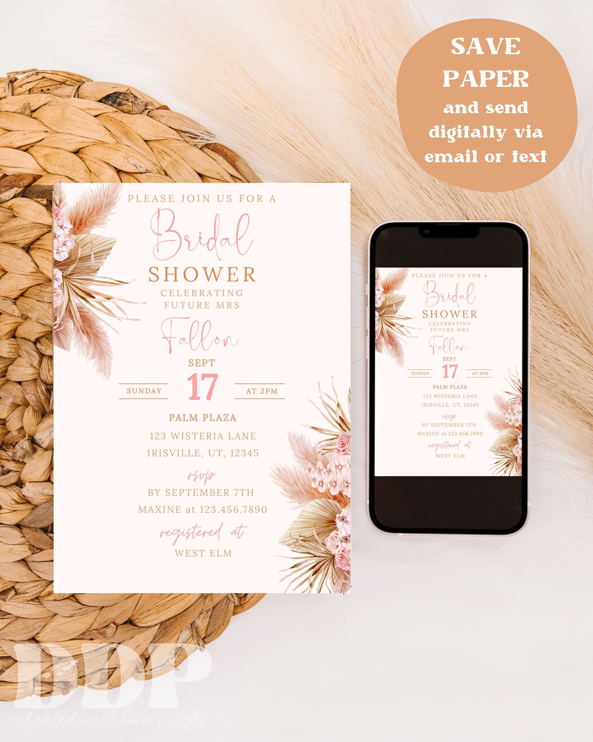 Editable Boho Bridal Shower Invitation | Pampas Grass Bridal Shower Invite | Minimalist Bridal Shower | Editable Printable Invite Template