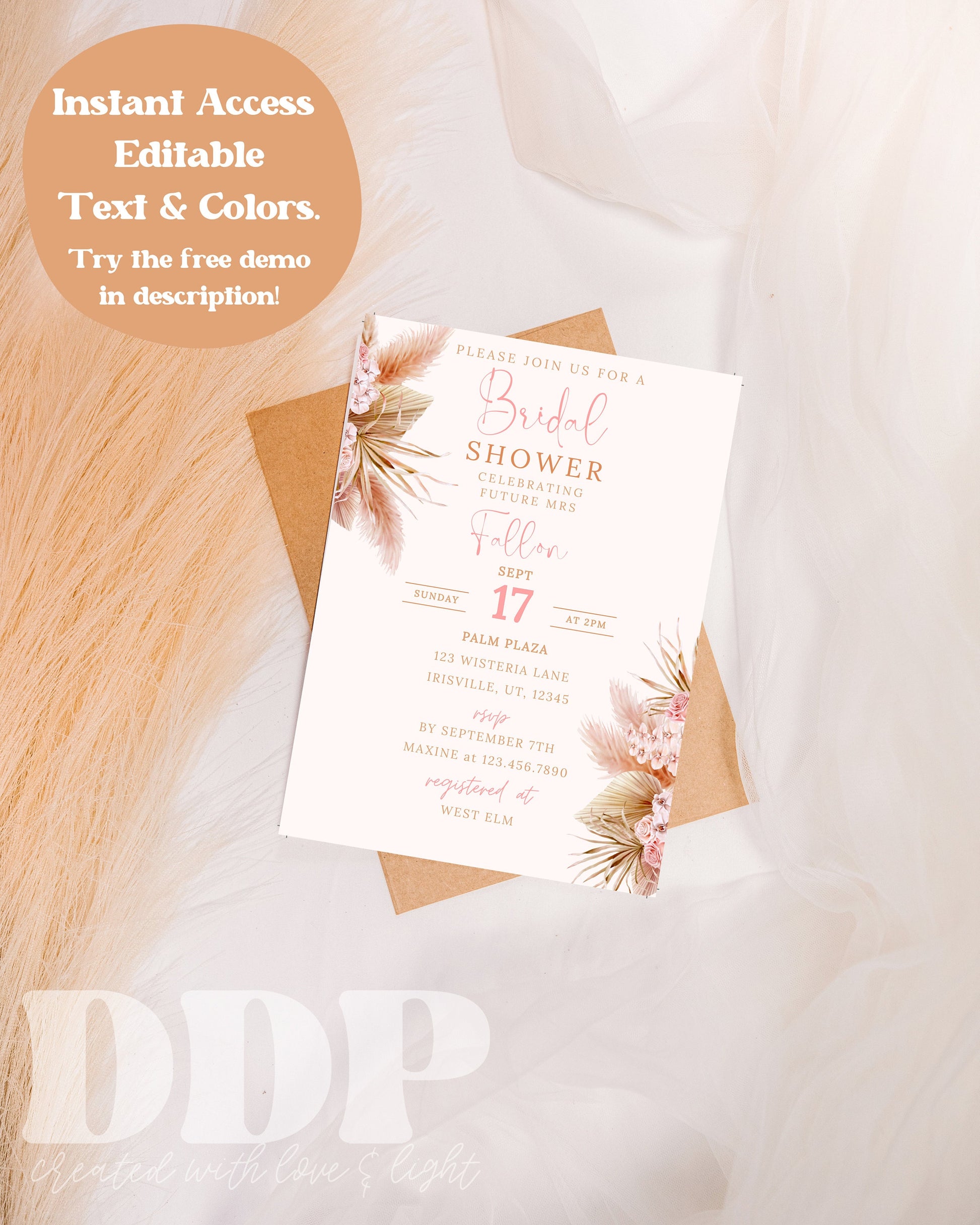 Editable Boho Bridal Shower Invitation | Pampas Grass Bridal Shower Invite | Minimalist Bridal Shower | Editable Printable Invite Template