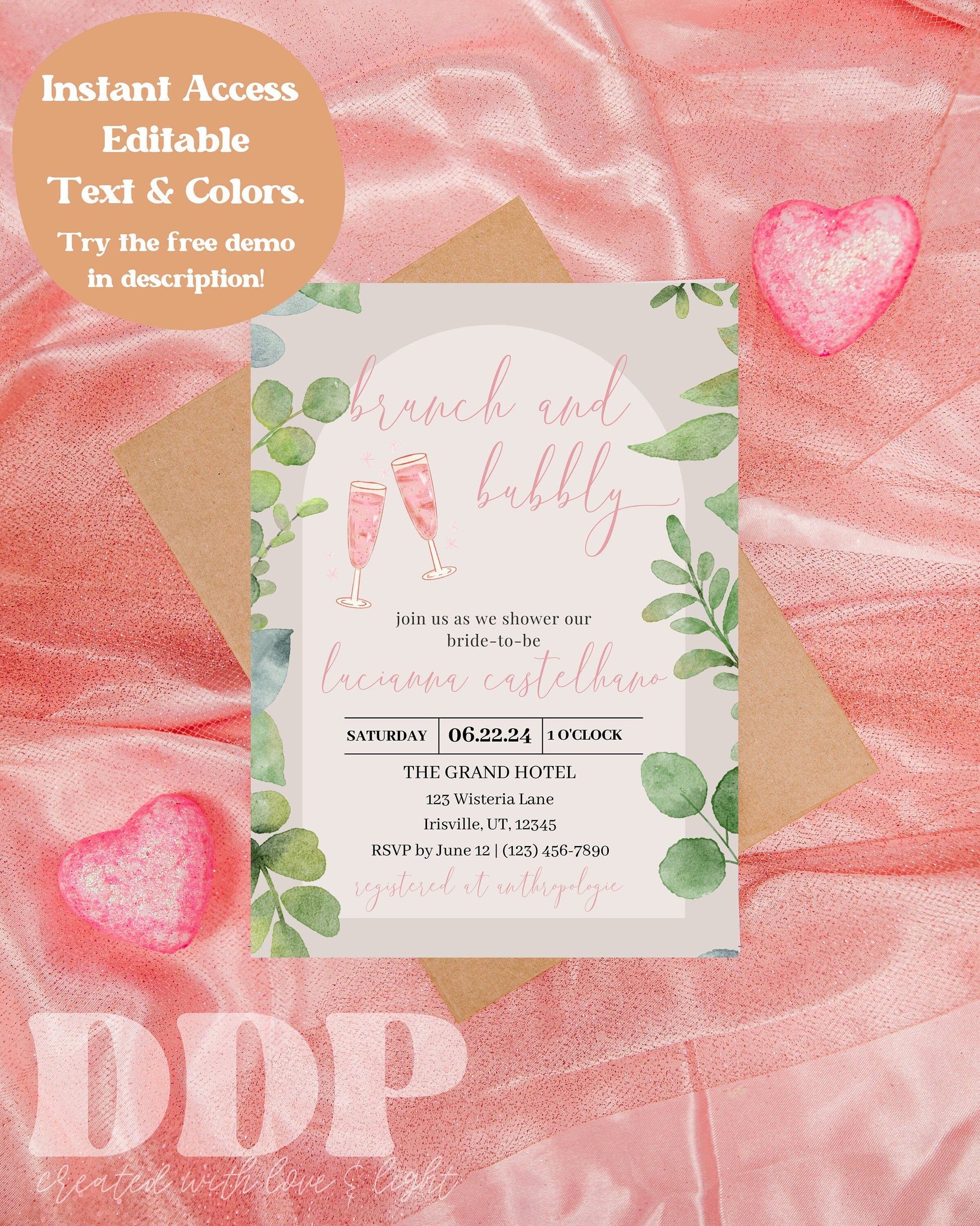 Boho Brunch and Bubbly Bridal Shower Invitation | Boho Eucalyptus Bridal Shower Invite | Minimalist Bridal Shower | Editable Invite Template