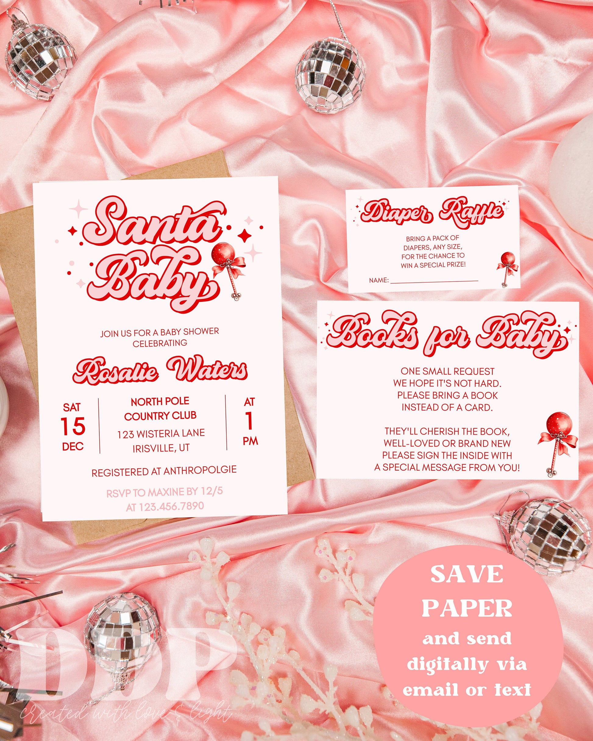 Santa Baby Shower Invite Suite | Retro Christmas Baby Shower Invite Bundle | Retro Vintage Winter Baby Shower | Santa Baby Themed Shower