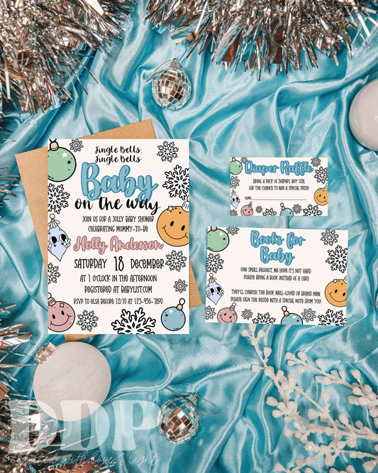 Jingle Bells Baby On The Way Baby Shower Invite Suite | Retro Christmas Baby Shower Invite Bundle | Winter Baby Shower