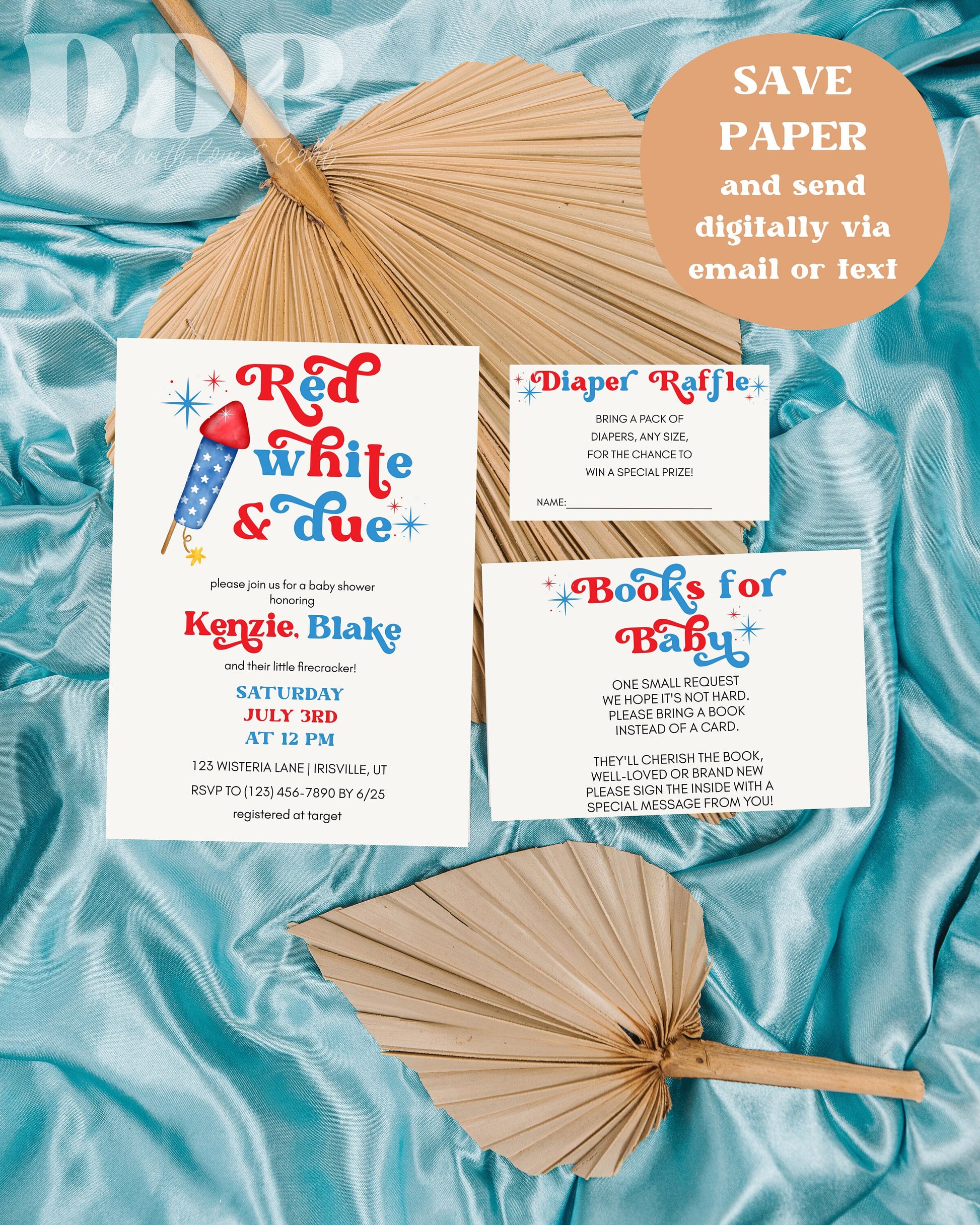 Red White Due Baby Shower Invitation Firework 4th of July Baby
