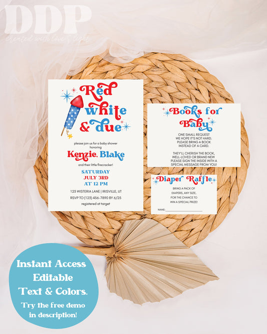 Red White & Due Baby Shower Invitation | 4th of July Baby Shower Invite | Firework Baby Shower | 4th of July Baby Shower Invitation