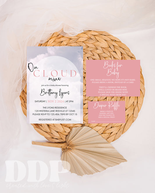 Editable Cloud 9 Pink Baby Shower Invitation Bundle | Cloud Baby Shower Invite | Minimal Boho Baby Shower Invitation | Downloadable Invite