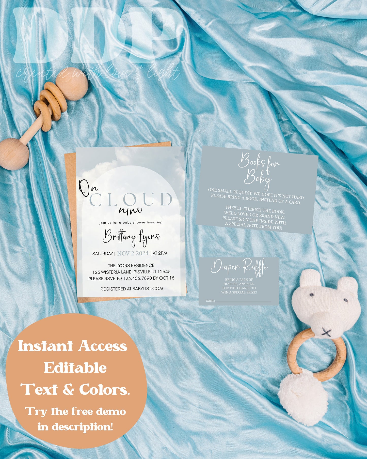 Cloud 9 Blue Baby Shower Invitation Bundle | Cloud Baby Shower Invite | Minimal Boho Baby Shower Invitation | Cloud Nine Shower Invite