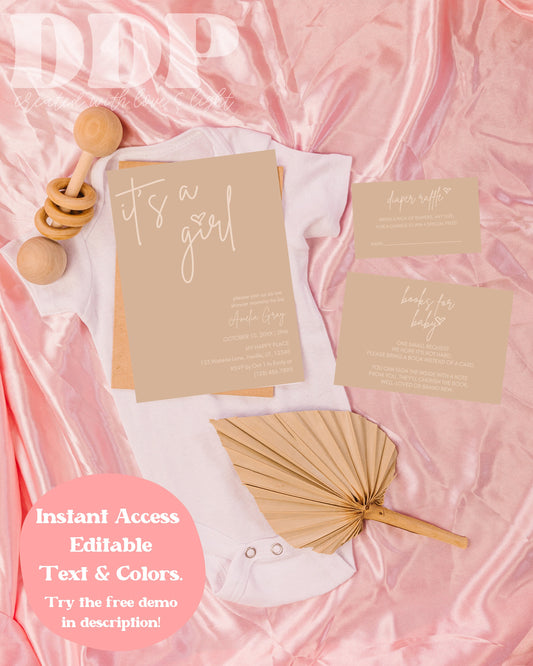 It's a Girl Baby Shower Invitation Suite | Neutral Girl Baby Shower Invite | Boho Girl Baby Shower | Pink Modern Baby Shower Invite