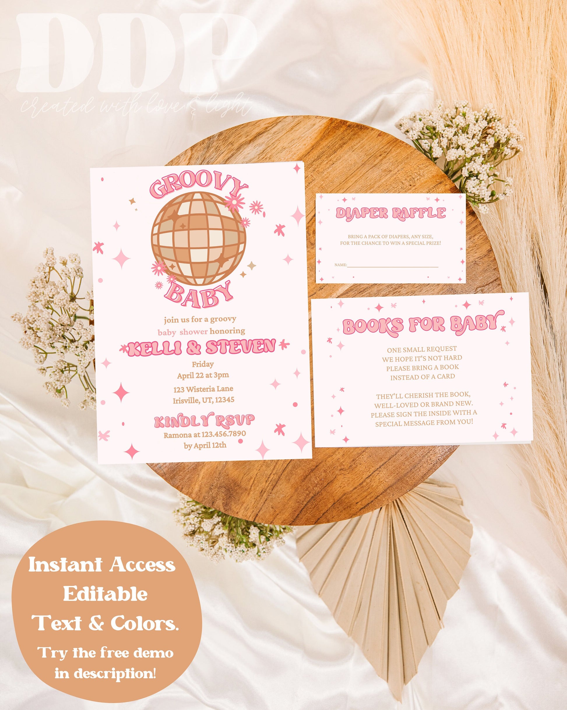 Editable Disco Baby Shower Invitation Suite | Groovy Girl Pink Baby Shower Invites | Disco Baby Shower | Retro 70s Baby Shower | Printable