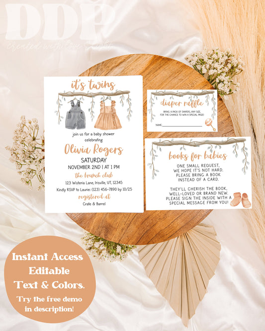 It's Twins Fraternal Shower Invitation Suite | Fraternal Twins Baby Shower Invite | Neutral Twins Baby Shower Invite | Twin Baby Shower