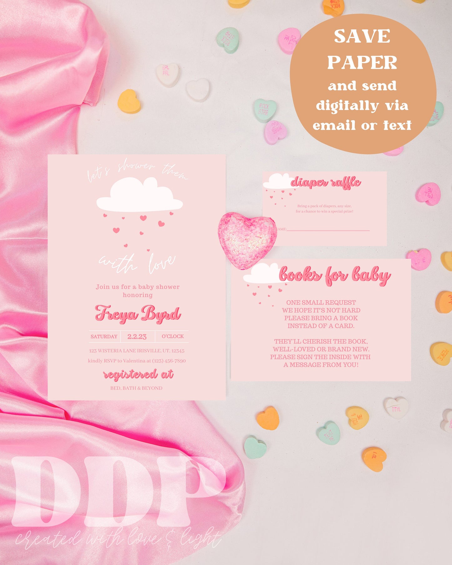 Shower Her with Love Baby Shower Invitation Suite | Valentine's Day Baby Shower Invite | Valentine's Day Baby Shower | Printable