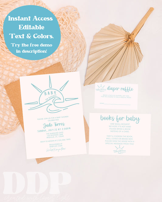 Minimalist Baby on Board Blue Baby Shower Invitation Suite | Boho Beach Baby Shower Invite | Blue Boy Baby Shower | Editable Invite Bundle