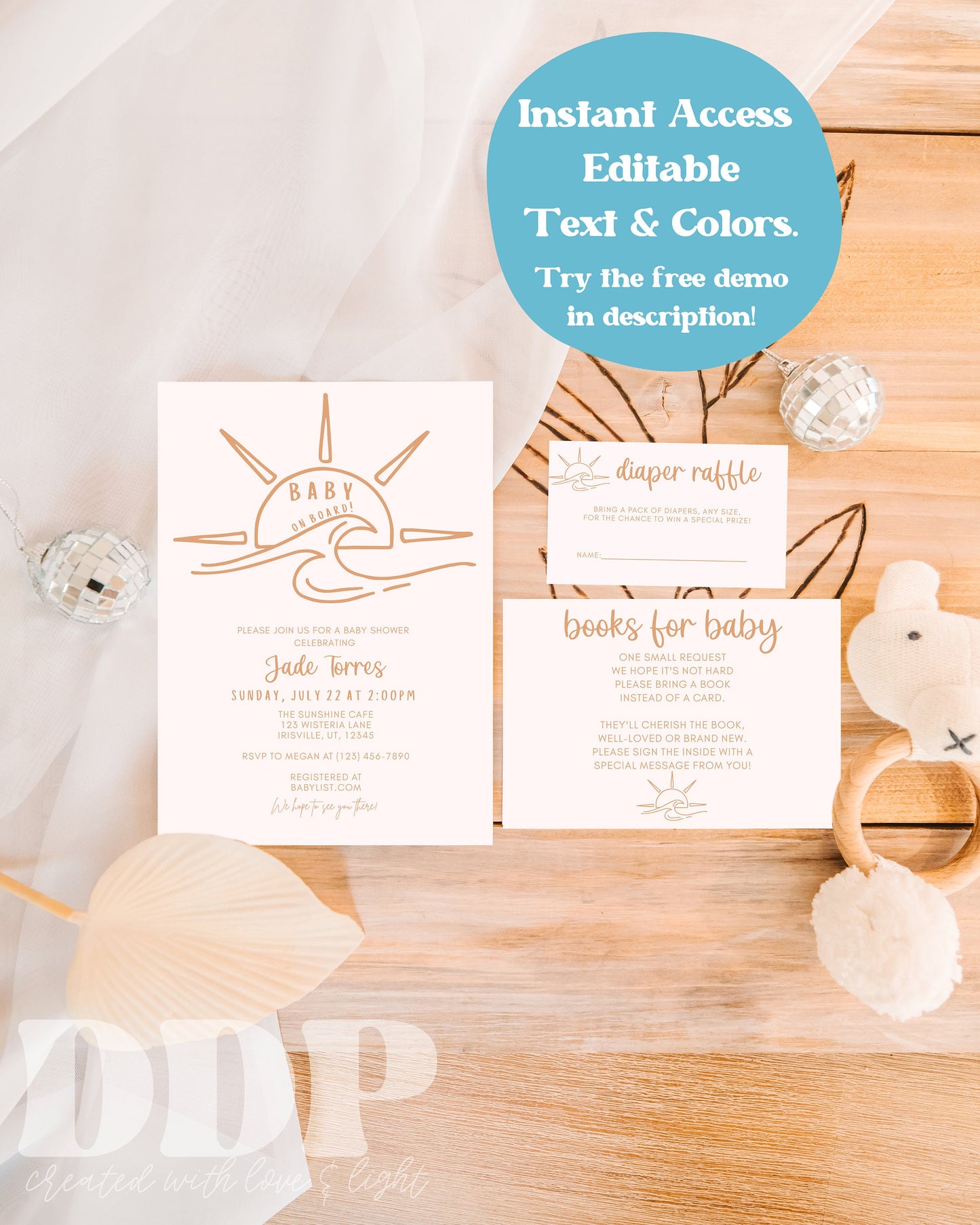 Minimalist Baby on Board Neutral Baby Shower Suite | Boho Beach Baby Shower Invite | Beachy Neutral Baby Shower | Editable Invite