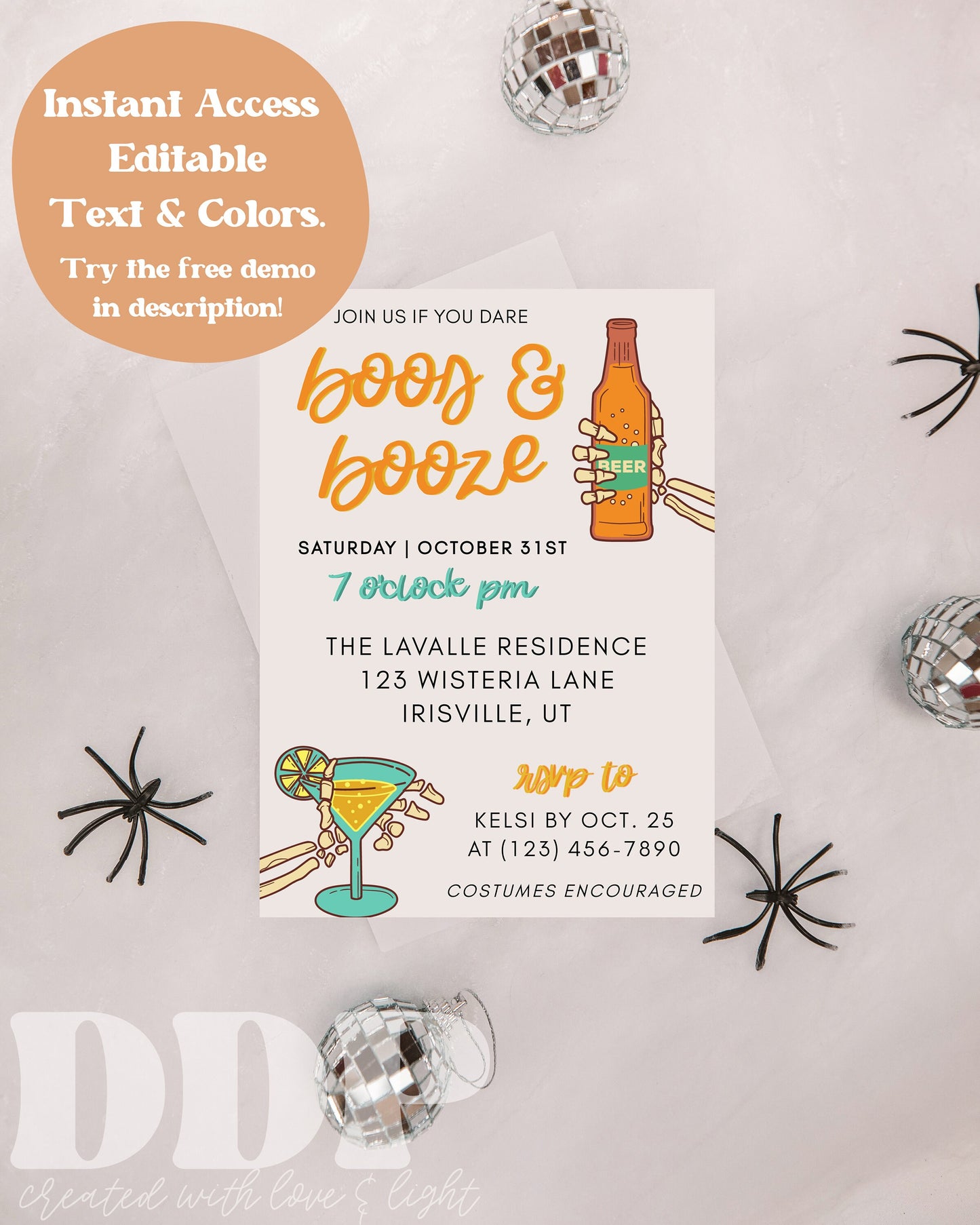 Boos & Booze Retro Halloween Party Invitation | Skeleton Halloween Party Invite | Adult Halloween Party | Halloween Invite Instant Download